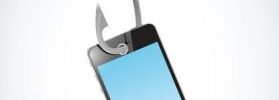 A smartphone is hooked by a large fishing hook hanging from a line against a plain background.