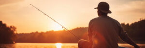 Person sitting in a boat, fishing on a calm lake at sunset with trees visible in the background.
