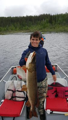 Person on a boat holding a large fish, with a lake and forested area in the background.