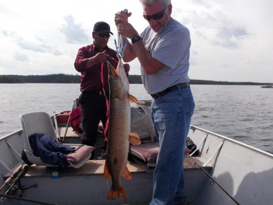 Two men on a boat hold up a large fish with a measuring tool on a calm lake under a cloudy sky.