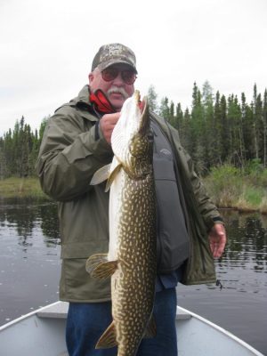 Man on a boat holding a large fish, wearing a green jacket and a cap, with a wooded shoreline in the background.