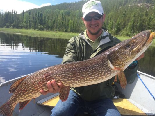 A man on a boat holds a large fish, smiling, with trees and water in the background.