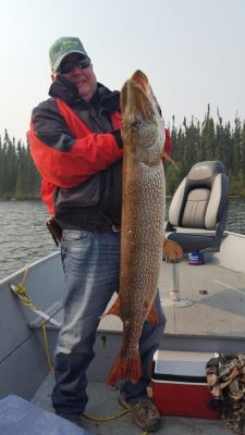 Person holding a large fish on a boat with a forest background.