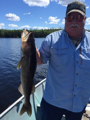 Man in a cap and sunglasses holding a large fish on a boat, with a lake and forest in the background on a sunny day.