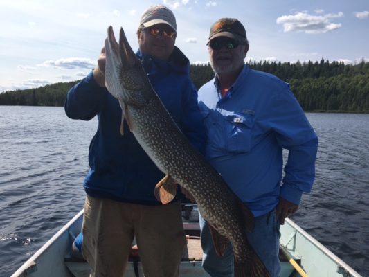 Two men in a boat on a lake holding a large fish vertically, with trees and a cloudy sky in the background.