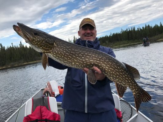 Person holding a large fish on a boat in a lake, with trees and cloudy sky in the background.