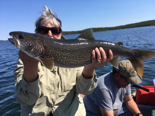 Person holding a large fish on a boat with another person sitting behind, under a clear blue sky.