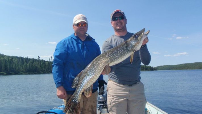 Two men on a boat holding a large fish, standing on a lake with a forested shoreline and a clear sky in the background.