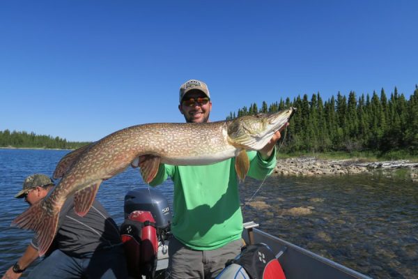 A man in a boat holds a large fish, with another man sitting beside him and trees lining the lake in the background.