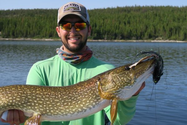 Man wearing sunglasses and a cap holds a large northern pike fish in front of a lake with a forested background.