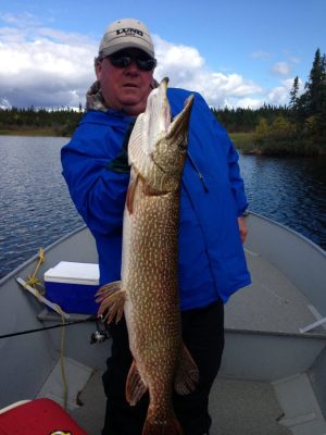 Person in a blue jacket holding a large fish on a boat with a lake and trees in the background.
