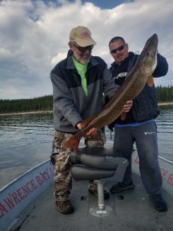 Two men on a boat hold a large fish together, with a lake and forest visible in the background.