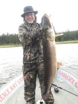 A person in camouflage holds a large fish on a boat with "Lawrence Bay Lodge" written on the edge.