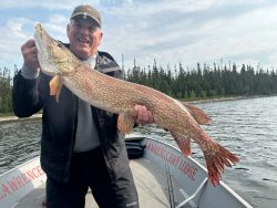 Person standing in a boat on a lake holds a large Northern pike fish with trees visible in the background.