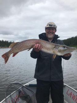 A person standing in a boat on a lake holds a large fish horizontally with both hands.
