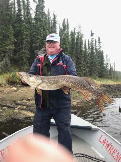 A person standing in a boat holds a large fish with forested shoreline visible in the background.