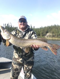 Man in camouflage clothing holding a large fish on a boat with a lake and trees in the background.