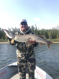 Man in camouflage clothing standing on a boat holding a large fish, with trees and water in the background.