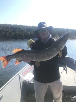 Person standing in a boat holding a large fish with a lake and trees in the background.