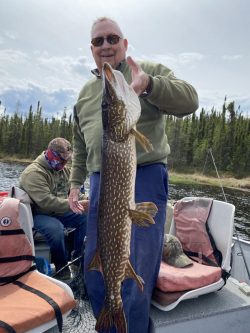 A man standing in a boat holds a large northern pike fish; another person sits behind him with fishing gear.
