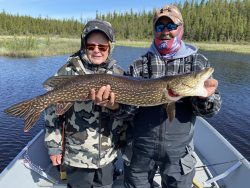 Two people on a boat hold a large northern pike fish in front of a forested shoreline.