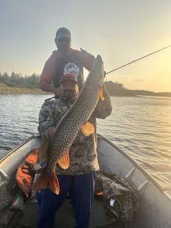Two people in a boat on a lake, one holding a large fish with the sun setting in the background.