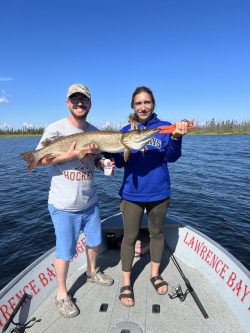Two people stand on a boat holding a large fish with trees and water in the background under a clear blue sky.