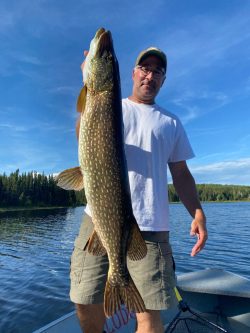 Man standing on a boat holds up a large fish with one hand, with a lake and trees in the background under blue sky.