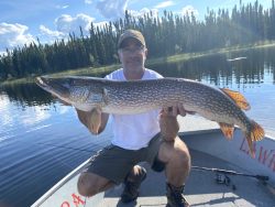 Man in a boat holds a large northern pike fish over a calm lake with trees and blue sky in the background.