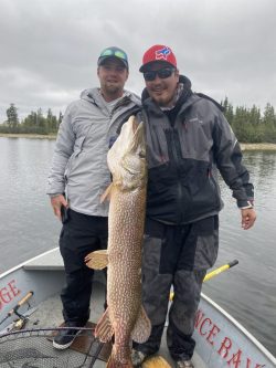 Two people on a boat hold up a large fish they caught, with trees and water in the background.