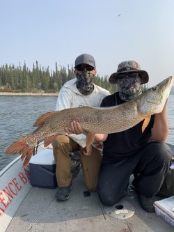 Two people on a boat hold a large fish, with trees and water visible in the background.
