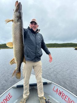 A man standing on a boat holds up a large fish he caught, with a lake and trees visible in the background.