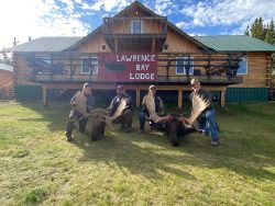 Four people kneel on grass in front of Lawrence Bay Lodge holding large moose antlers on a sunny day.