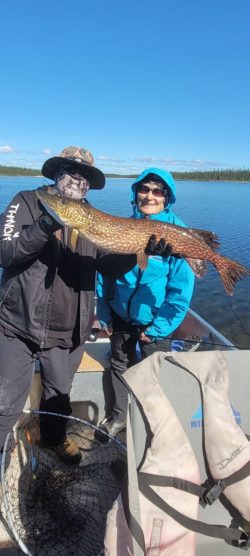 Two people on a boat hold a large fish over a fishing net on a lake, with trees and blue sky in the background.