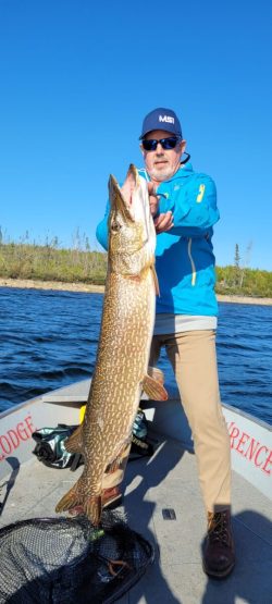 A man on a boat holds a large northern pike fish; blue sky and trees are visible in the background.