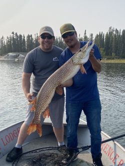 Two men on a boat hold a large fish together, with trees and water visible in the background.