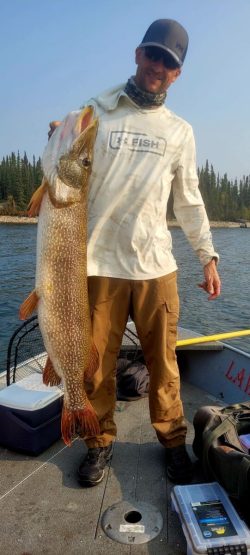 Person standing on a boat holding a large fish vertically beside a lake with trees in the background.