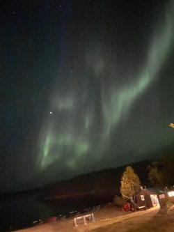 Faint green northern lights illuminate a night sky above a small building and trees near a body of water.