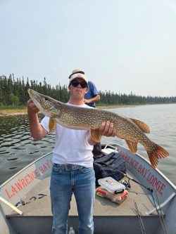 Man standing on a boat holding a large fish with trees and water in the background.