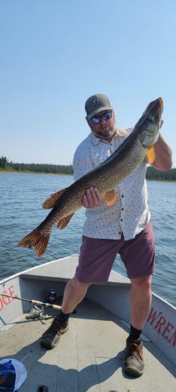 Man standing on a boat holding a large fish with both hands, with a lake and trees in the background.