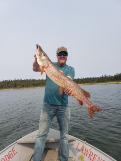 Person standing in a boat on a lake, holding a large fish with both hands; trees visible in the background.