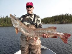 Person in camouflage clothing and a red cap holding a large fish on a boat, with a lake and trees in the background.