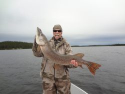 Person in camouflage clothing holding a large fish on a boat in a lake, with forested shoreline in the background.