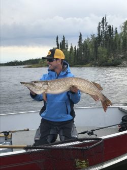 Person in a blue jacket and yellow cap holding a large fish on a boat, with a lake and trees in the background.