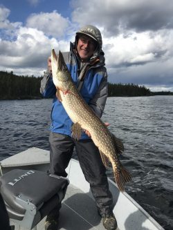 Person standing on a boat holding a large fish, with a lake and forested shoreline in the background.