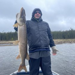 Person in winter clothing holding a large fish on a boat with a river and trees in the background.