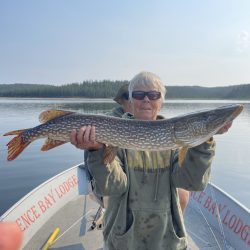 Person standing on a boat holds a large northern pike fish in both hands, with a lake and trees in the background.