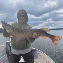 Person in a hoodie holding a large fish on a boat, with water and a cloudy sky in the background.