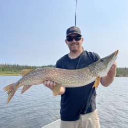 Man standing on a boat holding a large northern pike fish over a lake, with trees and sky in the background.