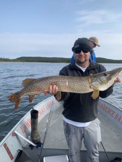 A man on a boat holds a large fish, smiling at the camera; another person stands in the background near open water.